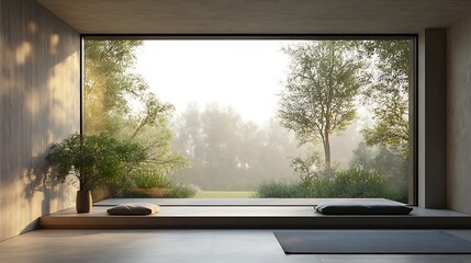 Fototapeta premium Tranquil morning scene modern home interior design nature view
