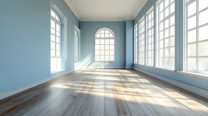 Fototapeta premium Bright sunlit room with blue walls interior design modern space