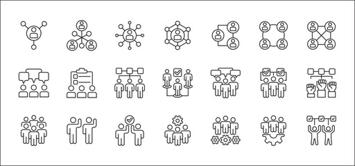 Business teamwork and network vector icon set. Cooperation business thin line icons. Contains symbol icons of connection, management, team, group, relationship, leadership, deliberation, forum.