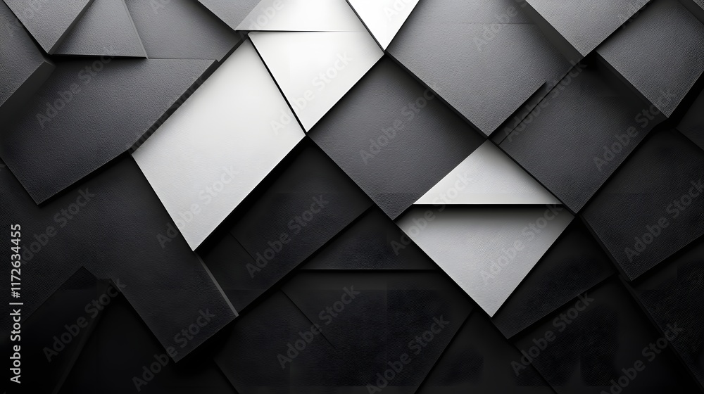 Poster Abstract Black and White Backgrounds. Abstract image featuring a geometric pattern of black and white shapes creating a striking visual contrast.