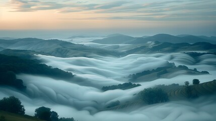 Dawn's Embrace: Rolling Fog Transforming a Valley into a Dreamlike Landscape