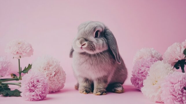 Small bunny with floppy ears sitting on a pink background surrounded by flowers.