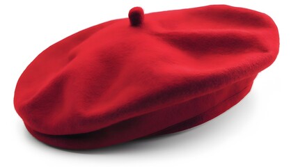 Bright red beret with a small button on top, featuring soft felt-like material, symbolizing classic French fashion, isolated on white background.