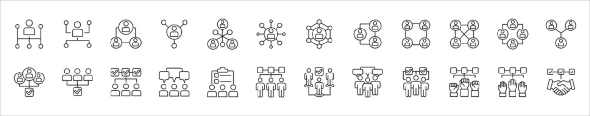 Business teamwork and network vector icon set. Cooperation business thin line icons. Contains symbol icons of connection, management, team, group, relationship, leadership, deliberation, forum.