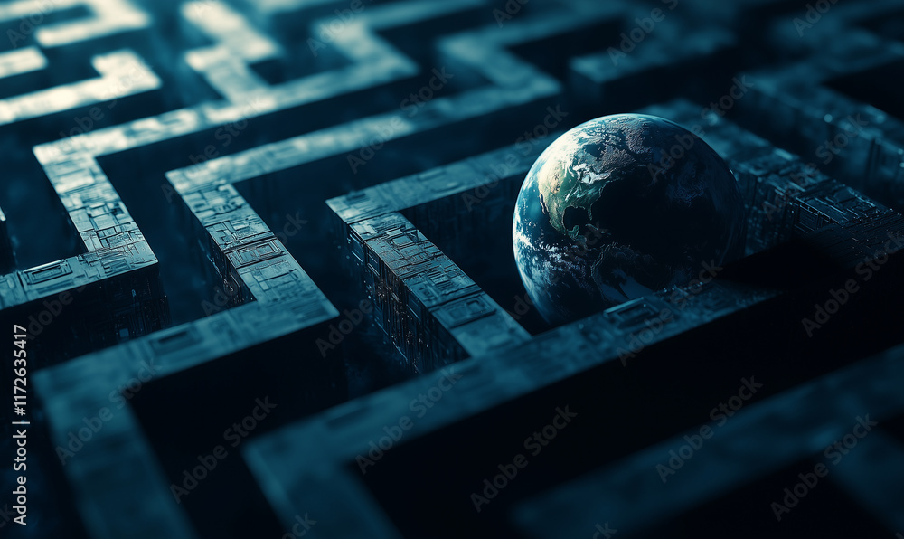 Poster exploring global warming consequences earth in a maze digital art abstract environment aerial view c