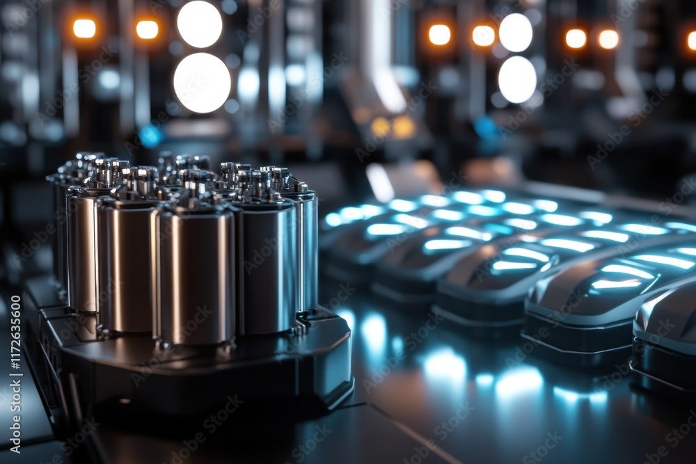 Poster high-tech machinery with glowing elements and metallic structures in a modern workspace