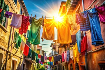 A vibrant clothesline, a city's colorful laundry hangs against a stunning panoramic backdrop.