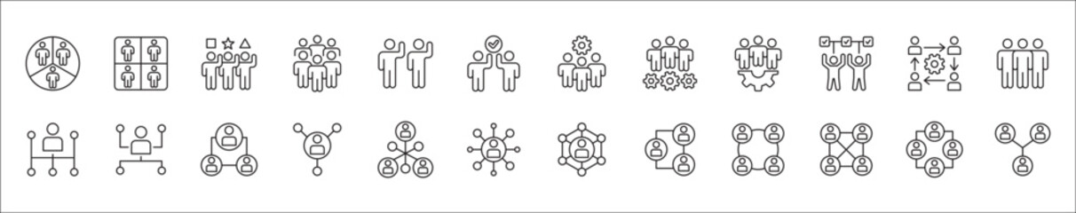 Business teamwork and network vector icon set. Cooperation business thin line icons. Contains symbol icons of connection, management, team, group, relationship, leadership, deliberation, forum.