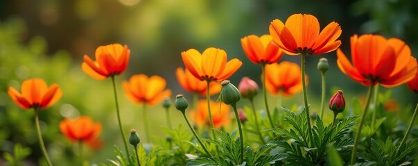 Fototapeta premium Orange and red cempasuchil flowers on the ground, nature scenery, countryside, garden decorations