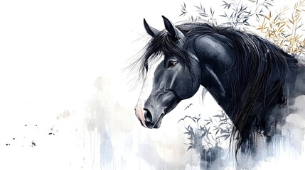 Elegant Black Horse Portrait with Artistic Background
