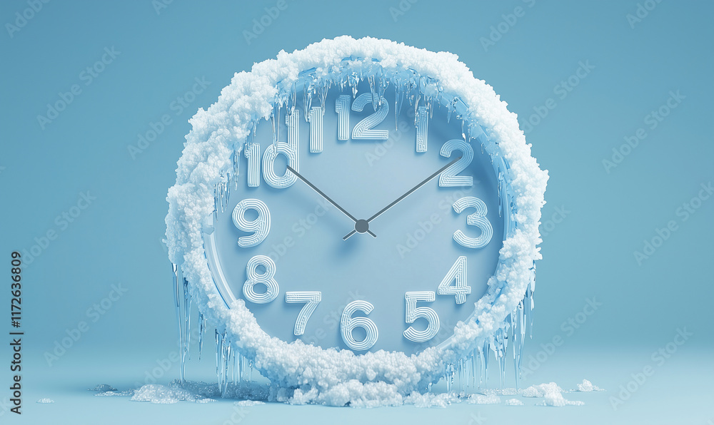 Poster a frozen clock encased in ice, symbolizing the passage of time and the effects of cold. a striking v