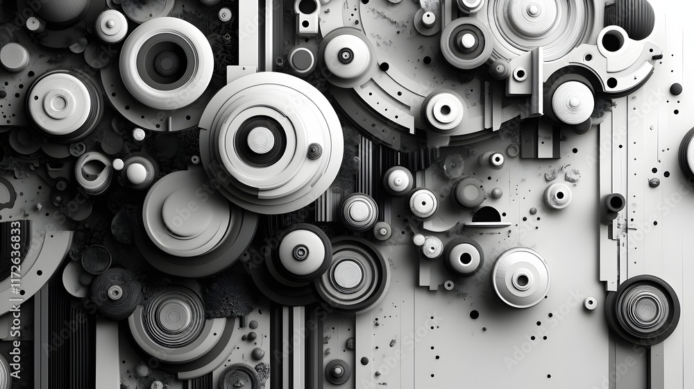 Poster Abstract Black and White Backgrounds. An abstract image showcasing a complex arrangement of monochrome circles and mechanical components. The artwork displays a harmonious blend of shapes and textures