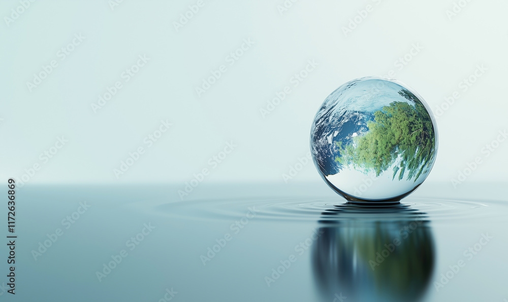 Poster a reflective sphere sits on a calm surface, capturing a serene landscape within, creating a tranquil