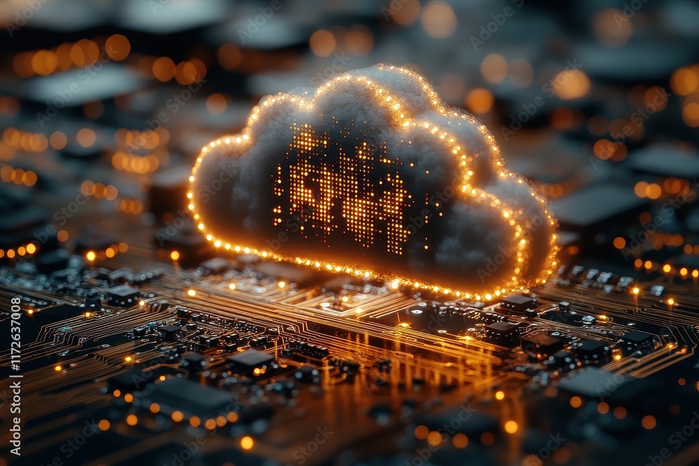 Poster digital cloud symbolizing data storage over a circuit board with glowing connections
