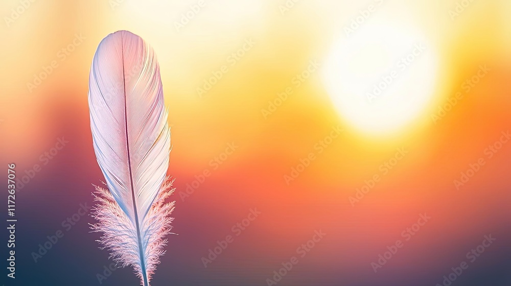 Poster Feather abstract background concept. A delicate feather glows softly against a warm sunset background, symbolizing tranquility.