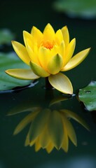 Reflection of yellow water lily on a still pond surface, mirrored, symmetrical, reflection