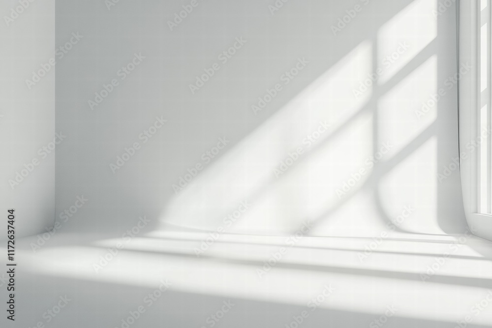 Poster light streaming through a window illuminating a pristine white sheet of paper in a minimalistic room
