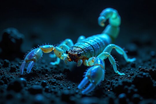 Scorpion emits bright blue-green light from exoskeleton layer, scorpion glow, glow, arachnids