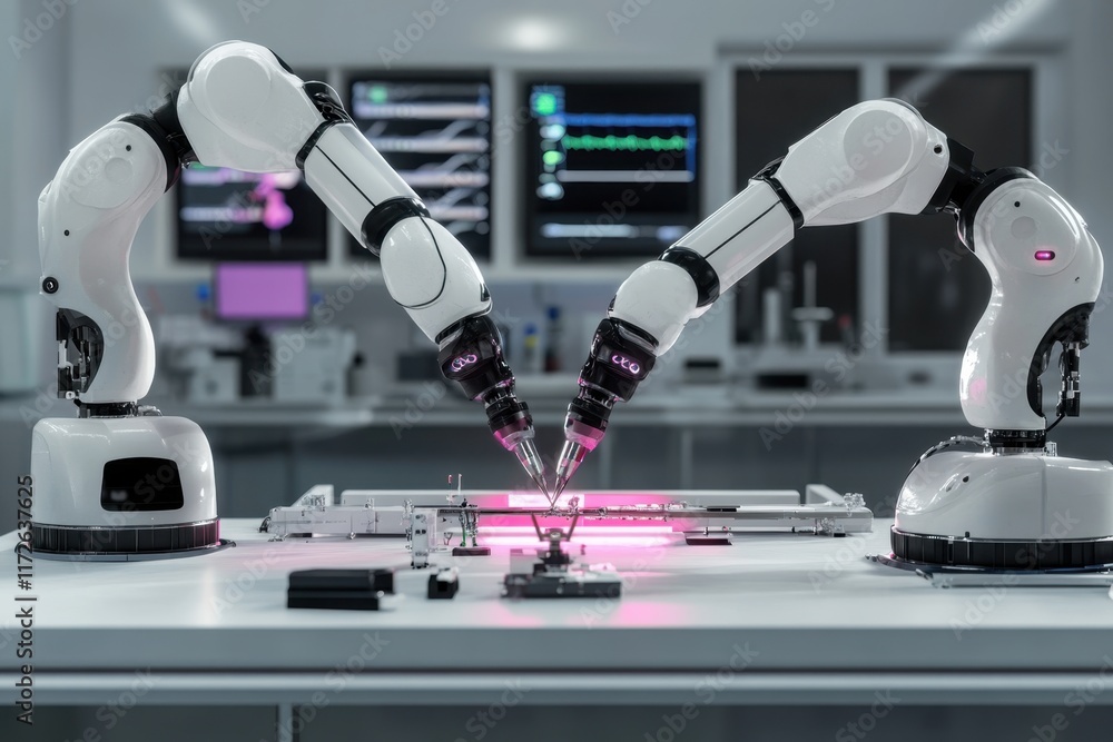 Poster advanced robotic arms performing precision assembly in a high-tech laboratory setting