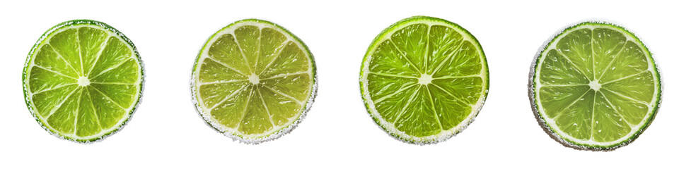 Freshly cut lime slices displayed on a plain green background  The limes showcase their bright green color juicy texture and sharp tangy aroma