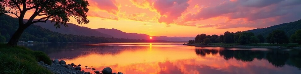 Serene riverbank at sunset with trees and hills in the distance, sunset, hills, scenery