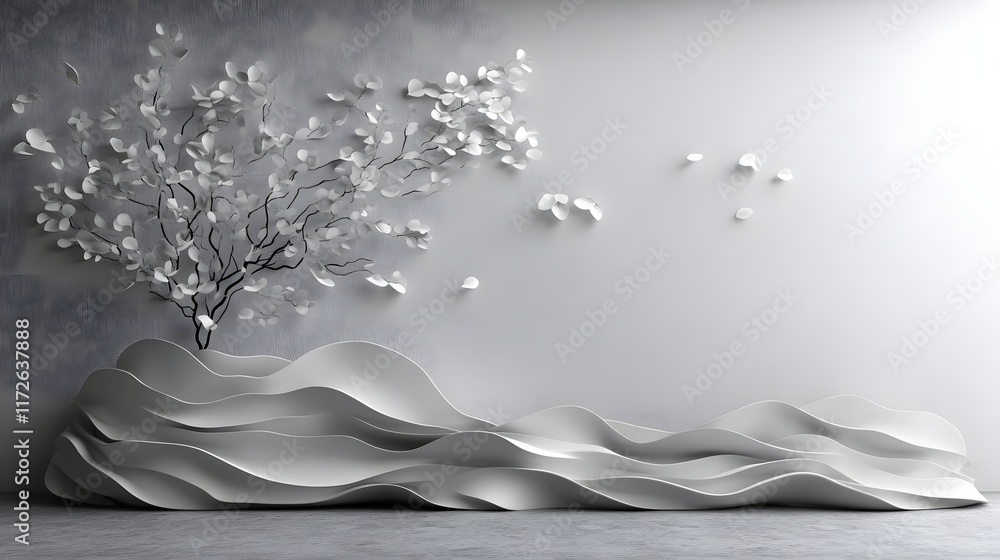 Poster Abstract Black and White Backgrounds. Modern abstract artwork featuring a white tree and wave sculpture against a grey background. Ideal for interior design inspiration.