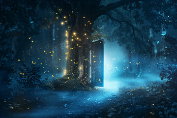 Fototapeta premium Fantastically beautiful door in wild forest leading to deep unknown, abstract vivid composition consists of fictional unreal fantastic vision on background