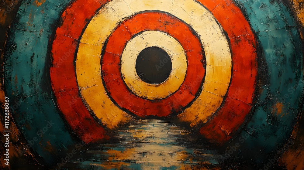 Poster an abstract painting featuring concentric circles in warm and cool tones. the artwork displays a vib