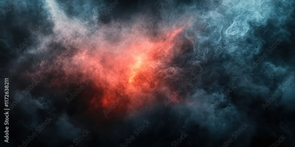 Poster dark smoke clouds with red light in background creating an abstract atmosphere of mystery and drama 