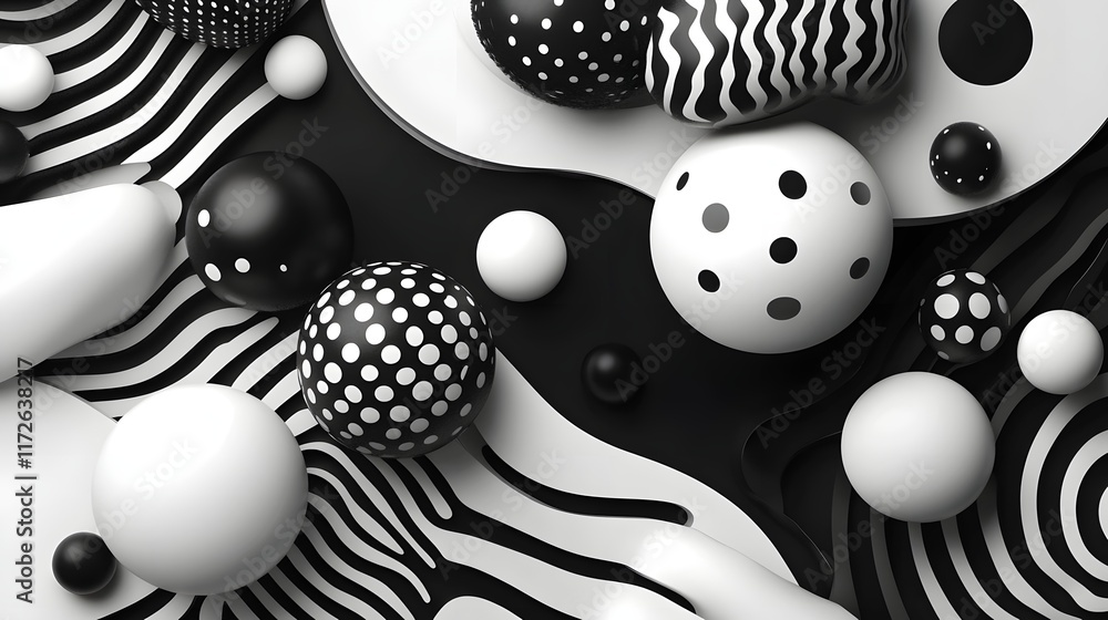 Poster Abstract Black and White Backgrounds. A captivating abstract image featuring various sized black and white spheres with unique patterns. The monochromatic palette of shapes and textures.
