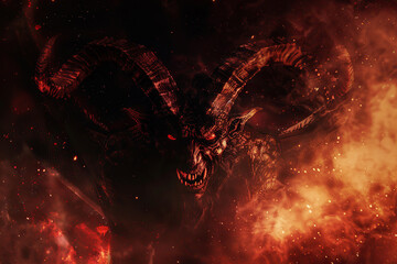 Scary sinister devil is in hell with dramatic bright fire lighting, abstract vivid composition consists of fictional unreal fantastic vision on background
