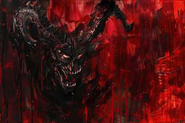 Scary sinister devil is in hell with dramatic bright fire lighting, abstract vivid composition consists of fictional unreal fantastic vision on background
