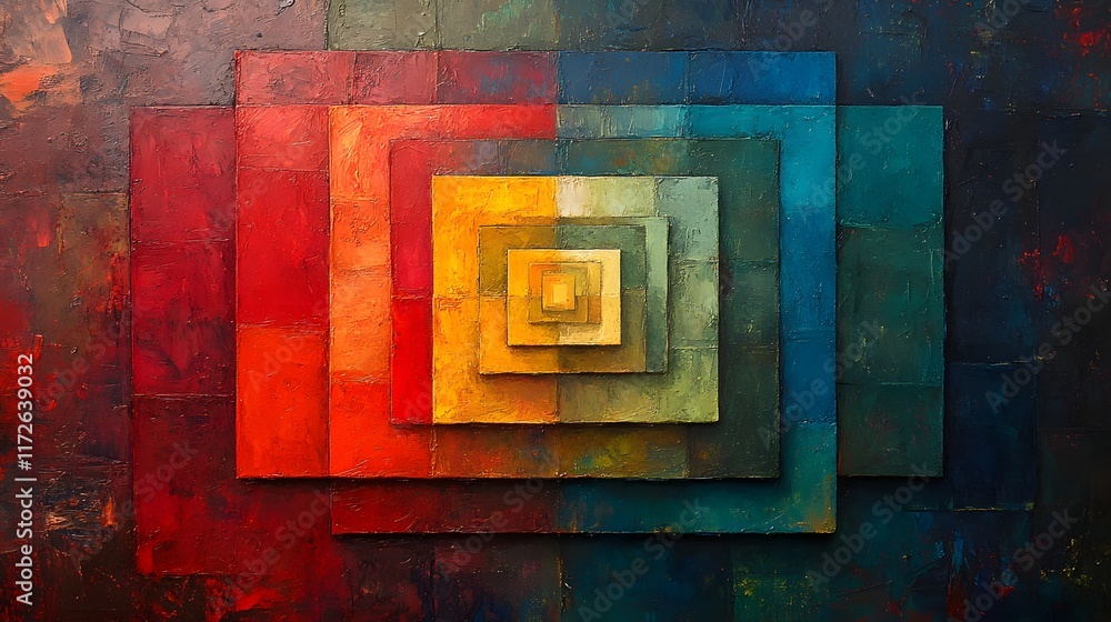 Poster An abstract painting featuring nested squares in a vibrant color gradient. Rich textures and layered shapes create visual depth.