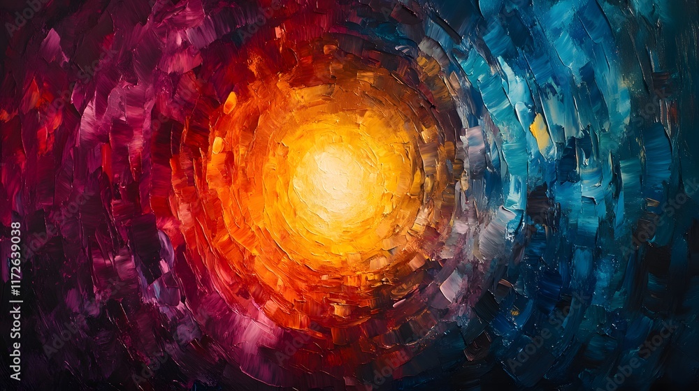 Poster an abstract oil painting featuring a dynamic interplay of vibrant colors, swirling in a mesmerizing 