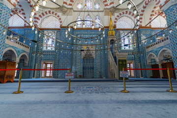 Interior of Rustem Pasa Mosque in Istanbul. Famous Rustem pasha mosque interior. Iznik blue tiles. Rustem Pasa Mosque most beautiful and classical