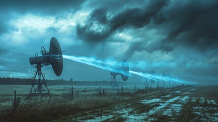 Futuristic Array of Sci-Fi Energy Beaming Devices in a Stormy Field