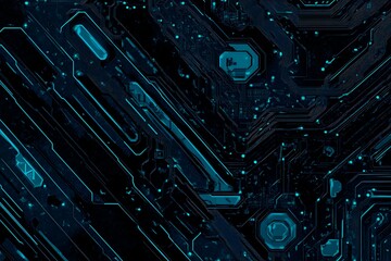 Abstract close-up of a glowing blue digital circuit board, showcasing intricate connections and technological design on a black background.
