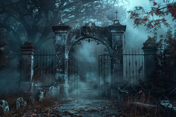 Fantastically mysterious cemetery with tombstones and terribly scary atmosphere, abstract vivid composition consists of fictional unreal fantastic vision on background