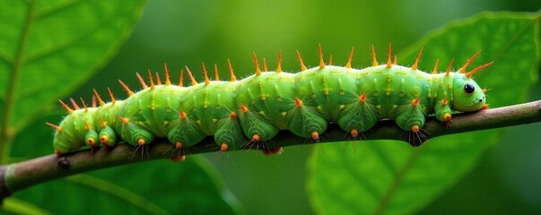 Fototapeta premium Three moulting caterpillars on a stem with green leaves, moulting, insects