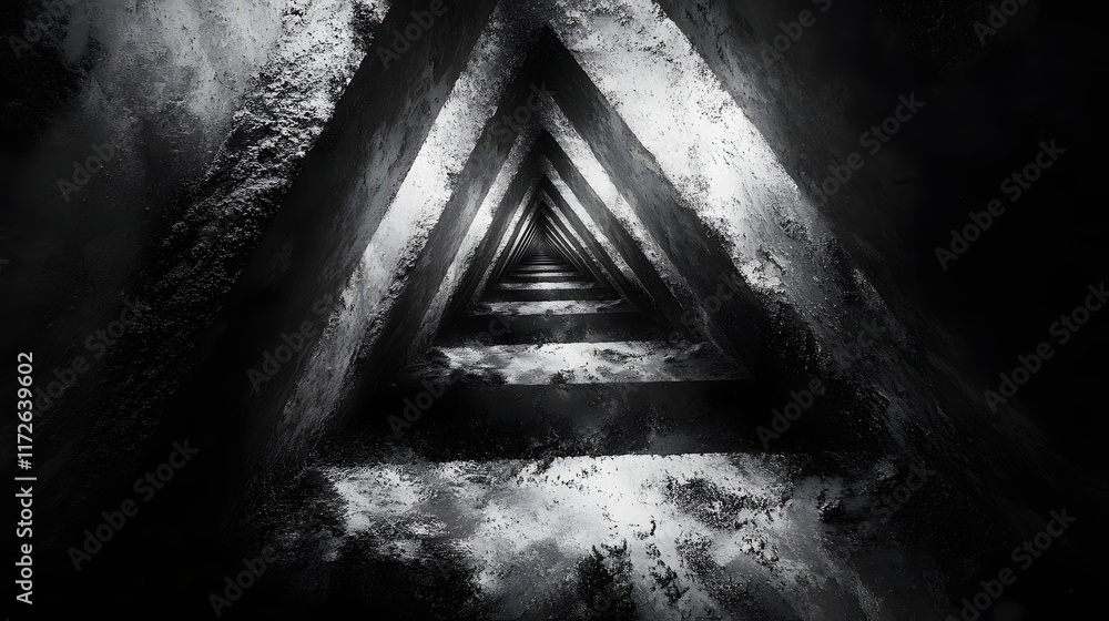 Fototapete Abstract Black and White Backgrounds. Mysterious black and white image of a triangular tunnel. Geometric shapes create depth and texture.
