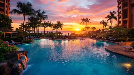 Spectacular Sunset at a Tropical Resort Pool