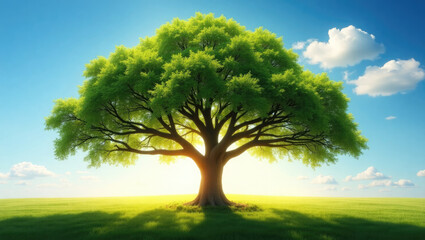 Fototapeta premium A single tree stands tall in a vast field of green grass, reaching towards a bright blue sky with fluffy clouds. The image evokes a sense of peace, tranquility, and the beauty of nature