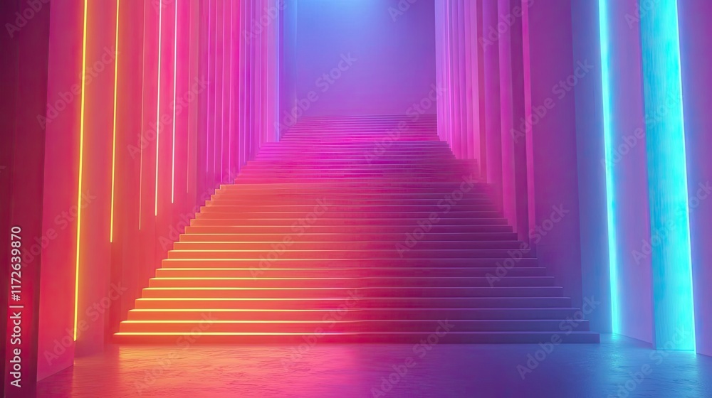 Aufkleber Soft abstract background idea. A vibrant stairway illuminated with colorful neon lights, creating a stunning visual effect.