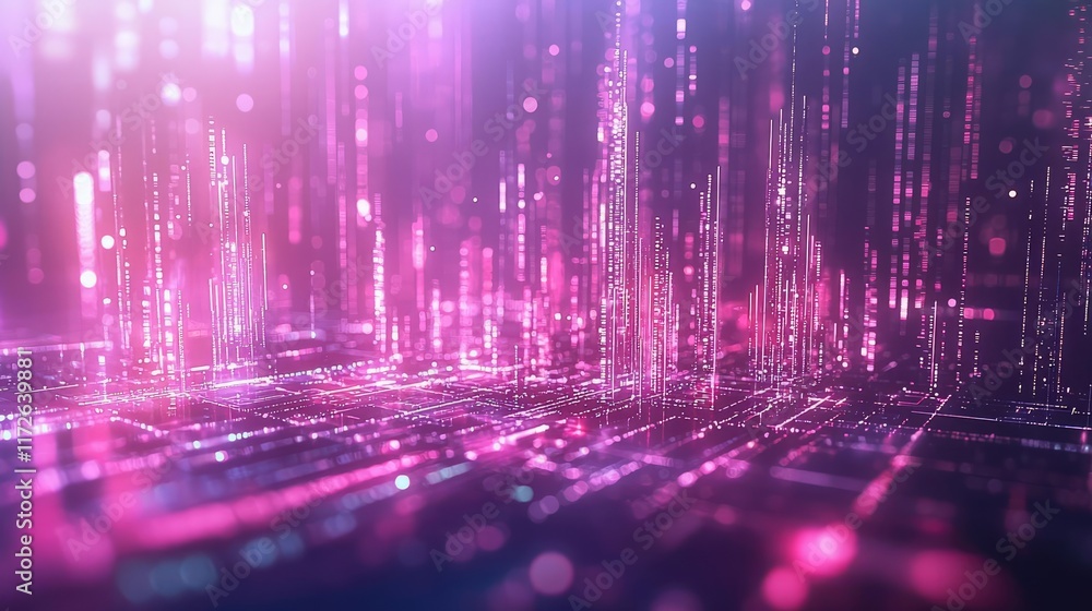 Poster Soft abstract background idea. A vibrant, abstract digital landscape with glowing pink lights and data streams.