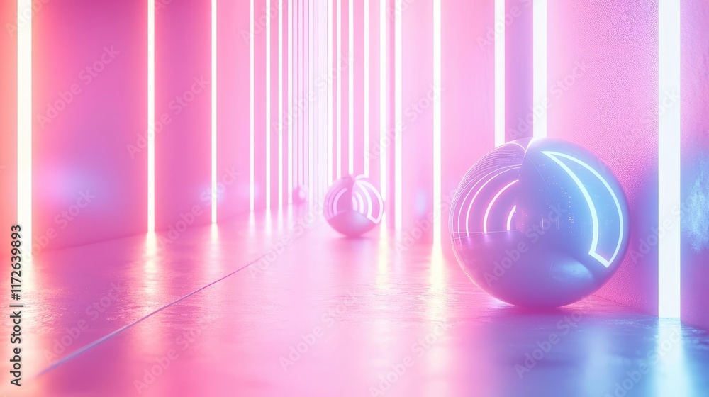 Poster Soft abstract background idea. A vibrant scene with reflective spheres and neon lights creating an immersive atmosphere.