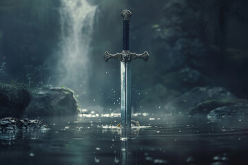 Naklejka premium Fantastic weapon royal sword with beautiful handle and sharp blade, abstract vivid composition consists of fictional unreal fantastic vision on background