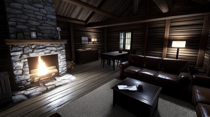 Cozy interior of a cabin with a fireplace and wooden decor.