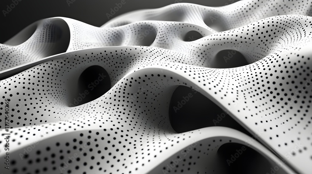 Poster Abstract Black and White Backgrounds. A stunning abstract 3D rendering showcasing a wave-like surface with a unique perforated design. The image boasts a captivating interplay of light and shadow.