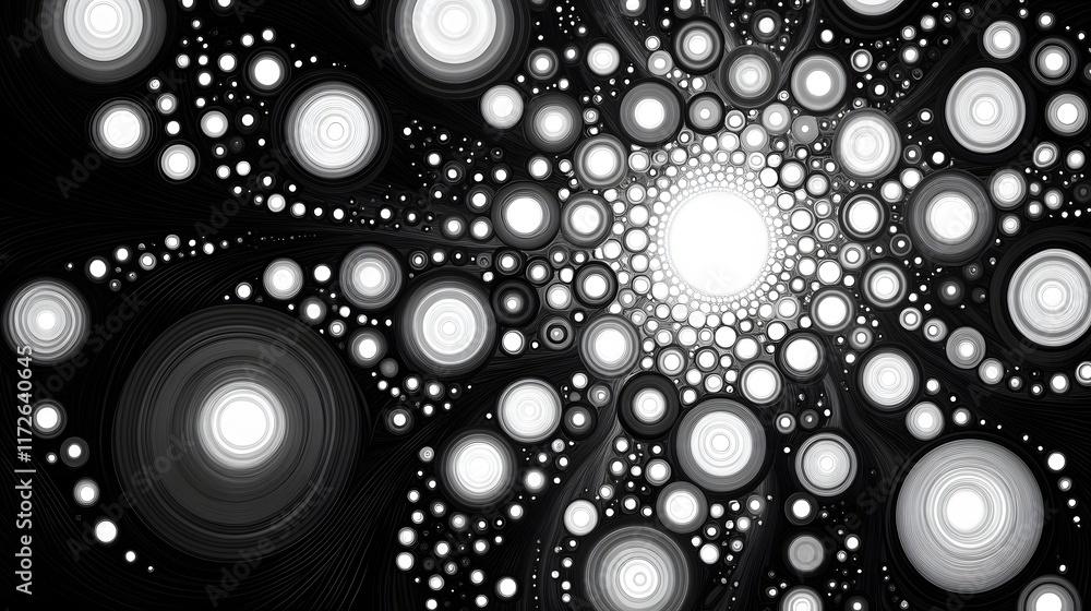 Poster Abstract Black and White Backgrounds. A mesmerizing grayscale abstract image featuring concentric circles and dots, creating a dynamic vortex effect. Intricate and detailed design.