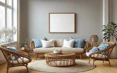 Coastal living room, rattan furniture, calm interior.